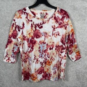 Chicos Womens White Red Cotton Blend Shirt Top Blouse Crew 3/4 Sleeve M L 1